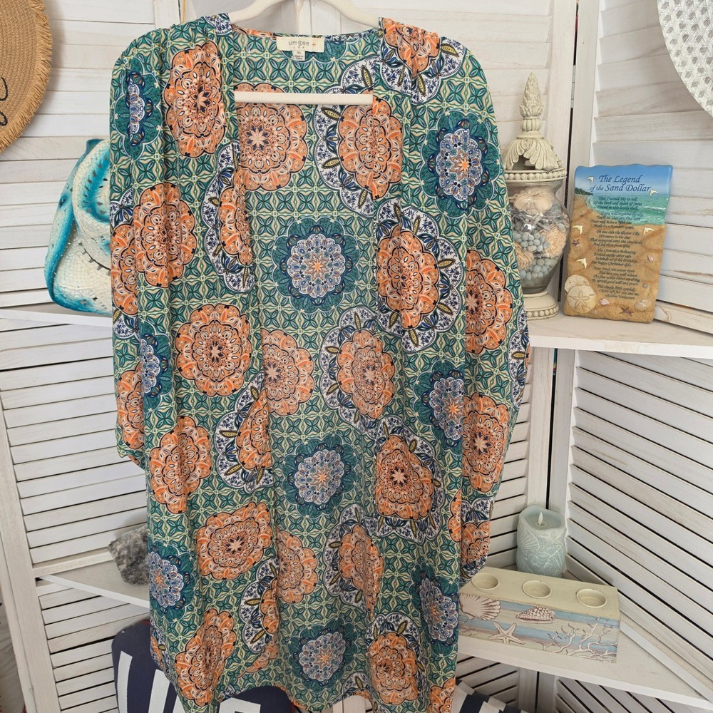 Umgee XL Boho Mandala Kimono Cardigan Orange Teal Open Front Duster XL - Picture 2 of 6